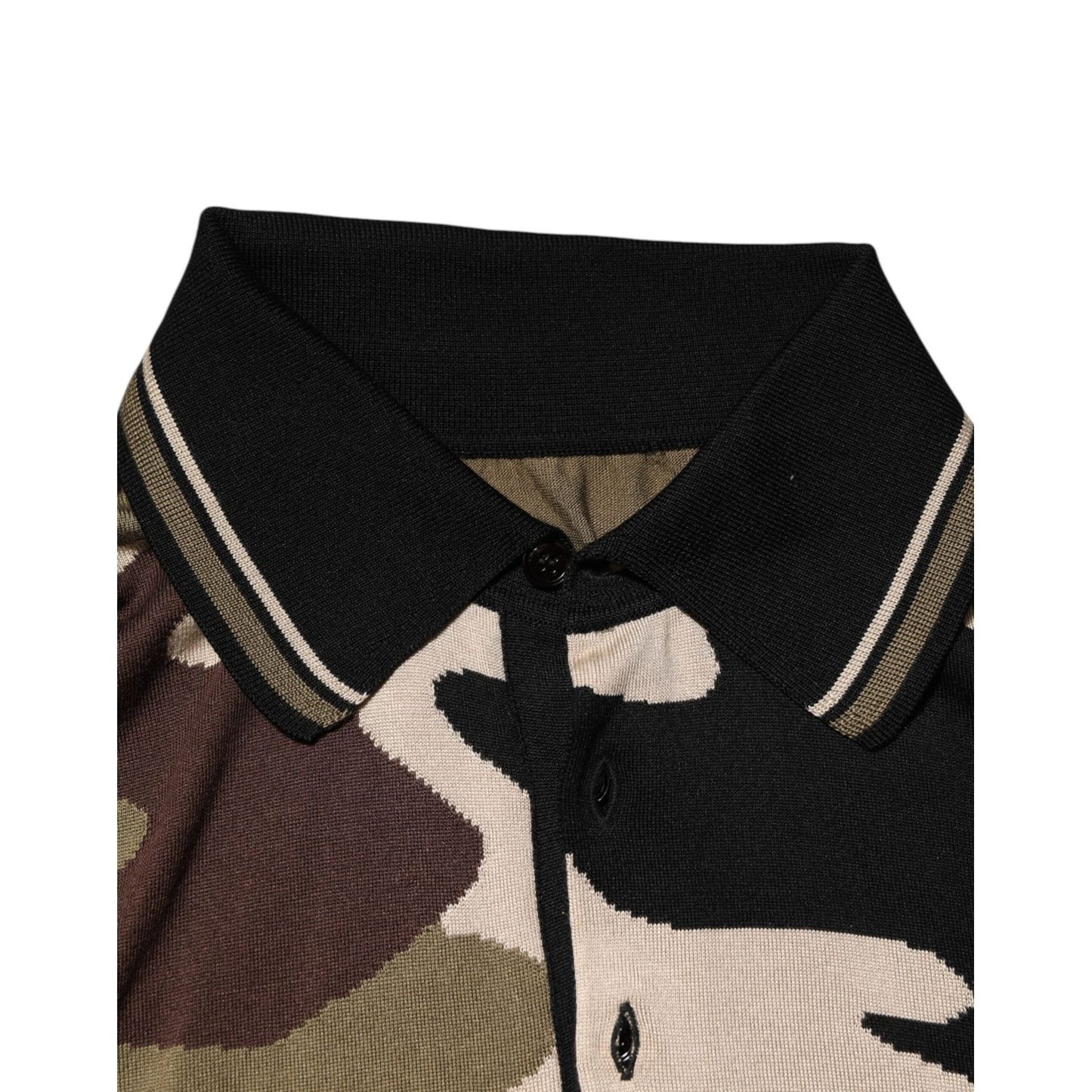 Dolce & Gabbana Camouflage Brown Silk Military Polo T-shirt with black collar and button detail