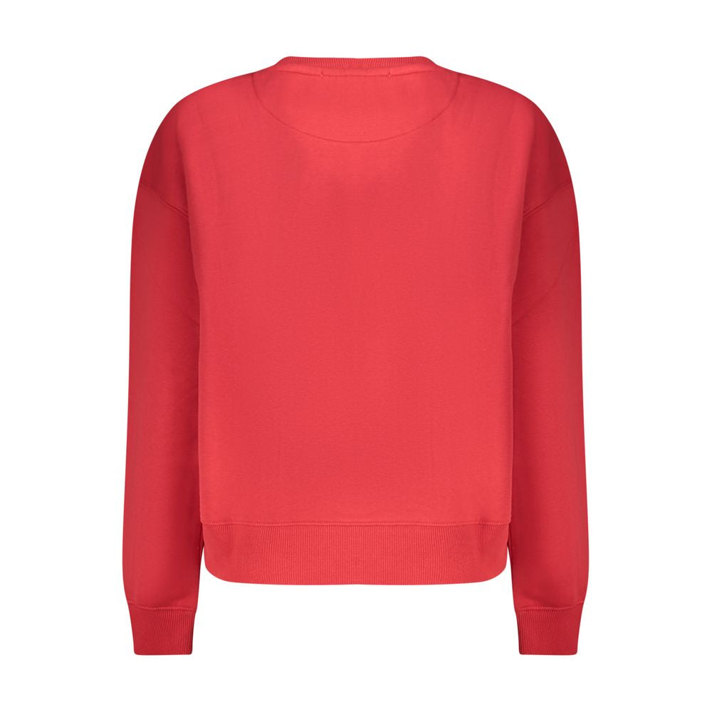 Pepe Jeans Red Organic Cotton Women Sweater, trendy crew neck with striking print and logo, stylish urban fashion.