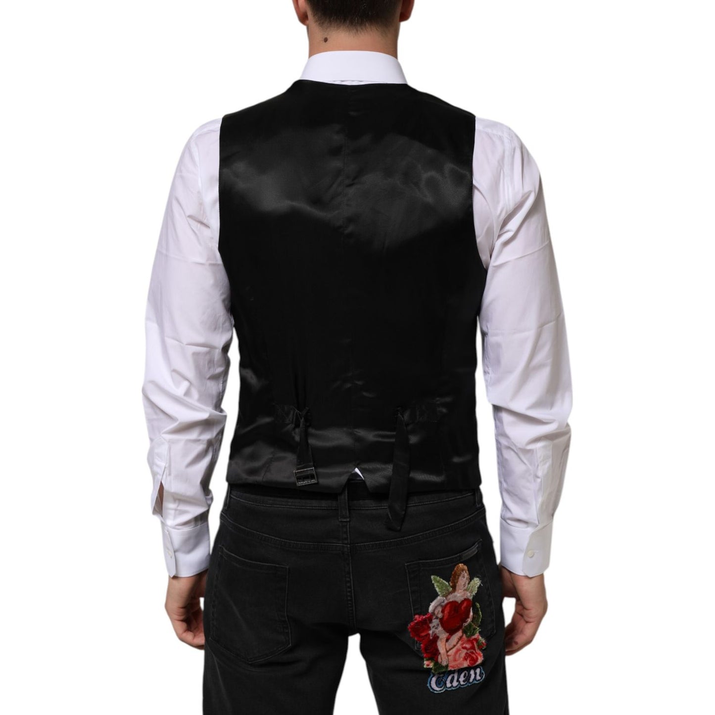 Back view of Dolce & Gabbana Black Wool Dress Formal Men Waistcoat Vest with adjustable strap.