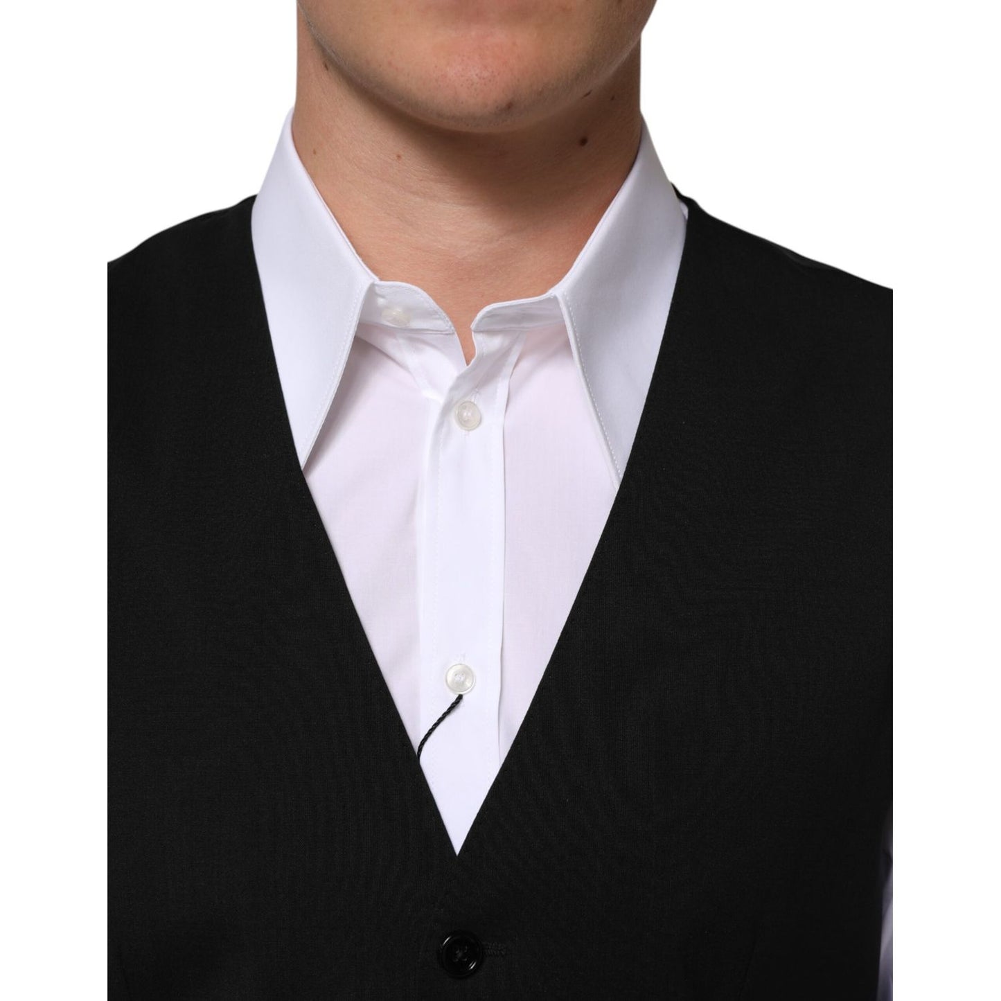 Dolce & Gabbana Black Wool Dress Formal Men Waistcoat Vest with white shirt, showcasing timeless Italian elegance and tailored fit.
