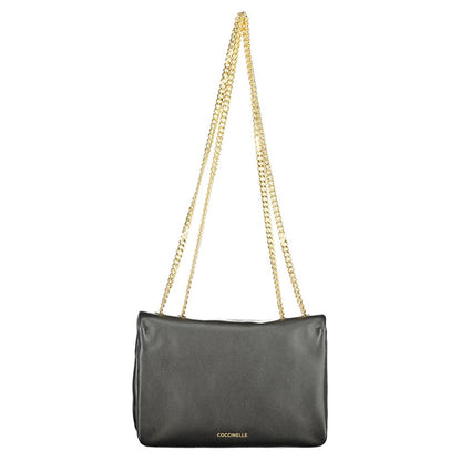 Coccinelle Black Leather Women Handbag with gold chain shoulder handles, showcasing luxury Italian design and craftsmanship.