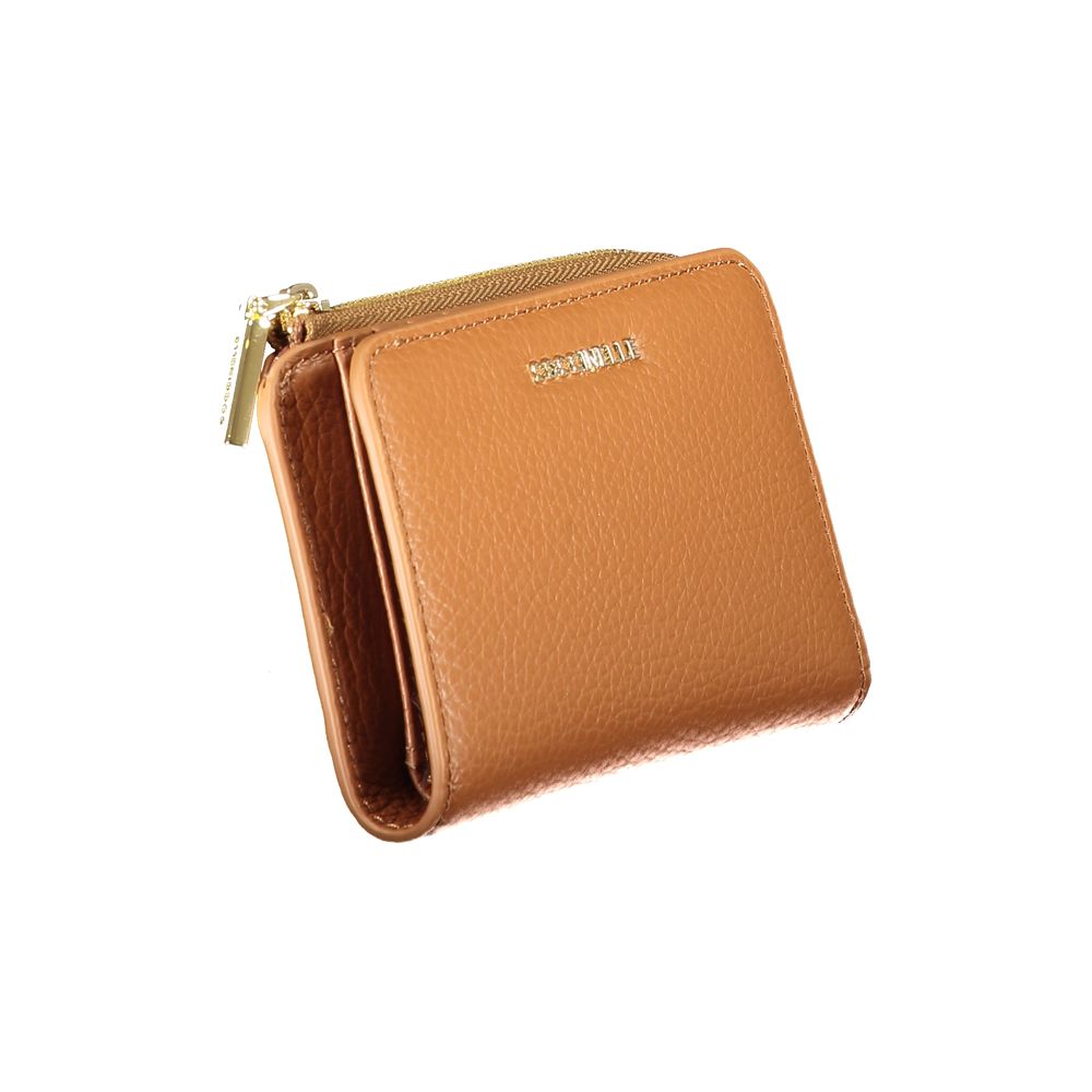 Coccinelle Brown Leather Wallet with zip and snap closure, featuring metallic soft finish, coin purse, and card spaces.
