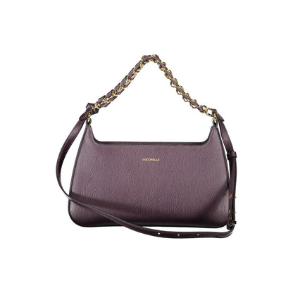 Coccinelle Purple Leather Women Handbag with chain shoulder handle and adjustable strap.