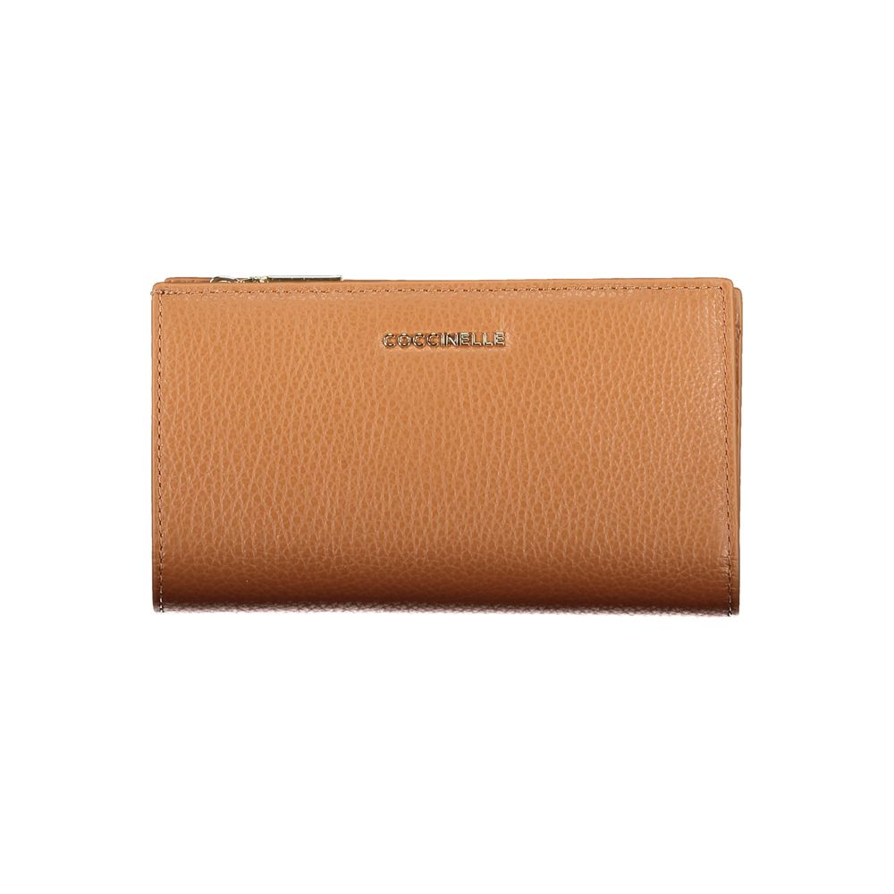 Coccinelle Brown Leather Women Wallet with logo on front, featuring zip and snap closure for organized storage.