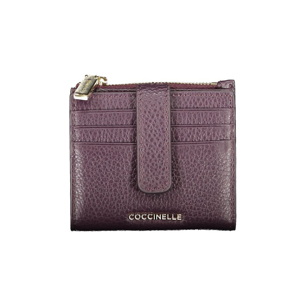 Coccinelle Purple Leather Women Wallet featuring lustrous purple leather, multiple card slots, and embossed logo for elegant style and functionality.
