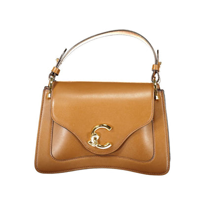 Coccinelle Brown Leather Women Handbag with removable handle and adjustable strap, featuring luxurious design and gold clasp detail.