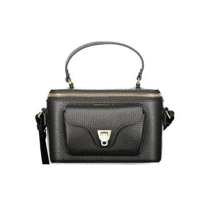 Coccinelle Black Leather Women Handbag with a front pocket and gold accents, showcasing elegant Italian design and craftsmanship.