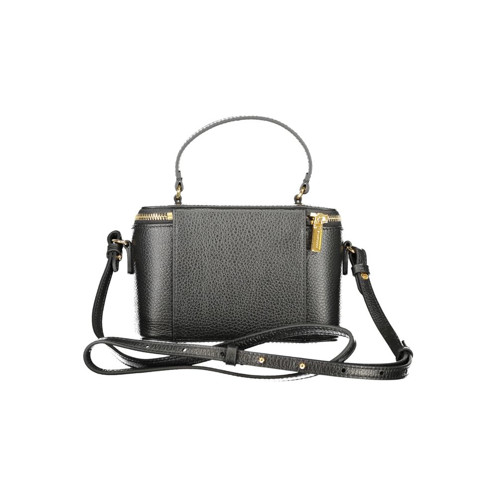 Coccinelle Black Leather Women Handbag with iconic logo and adjustable strap, showcasing luxury Italian craftsmanship.