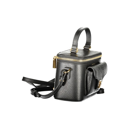 Coccinelle Black Leather Women Handbag with gold accents, showcasing side external pocket and adjustable strap, emphasizing luxury style.