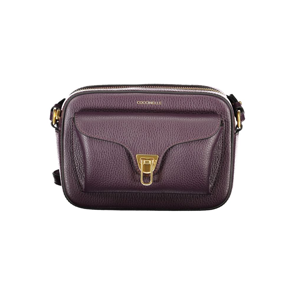 Coccinelle Purple Leather Women Handbag with adjustable strap, twist closure, external and internal pockets, Italian craftsmanship.