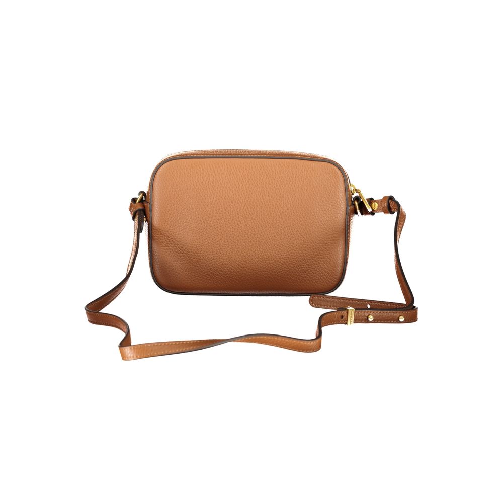 Coccinelle Brown Leather Women Handbag with adjustable strap and external pocket, showcasing Italian design and craftsmanship.