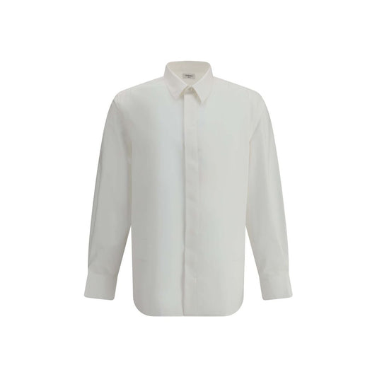 Saint Laurent White Cotton Dress Shirt with classic collar and concealed buttons, featuring a discreet embroidered logo, 100% cotton.