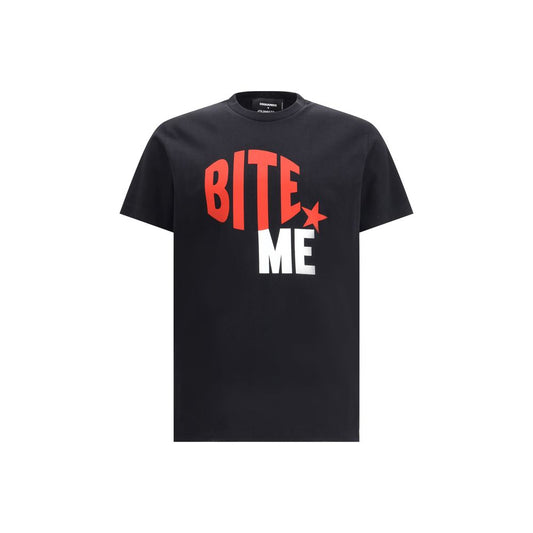 Dsquared² Black Cotton T-Shirt with "BITE ME" graphic, ribbed crew neck, maxi front print, and iconic monogram on back for AW25 season.