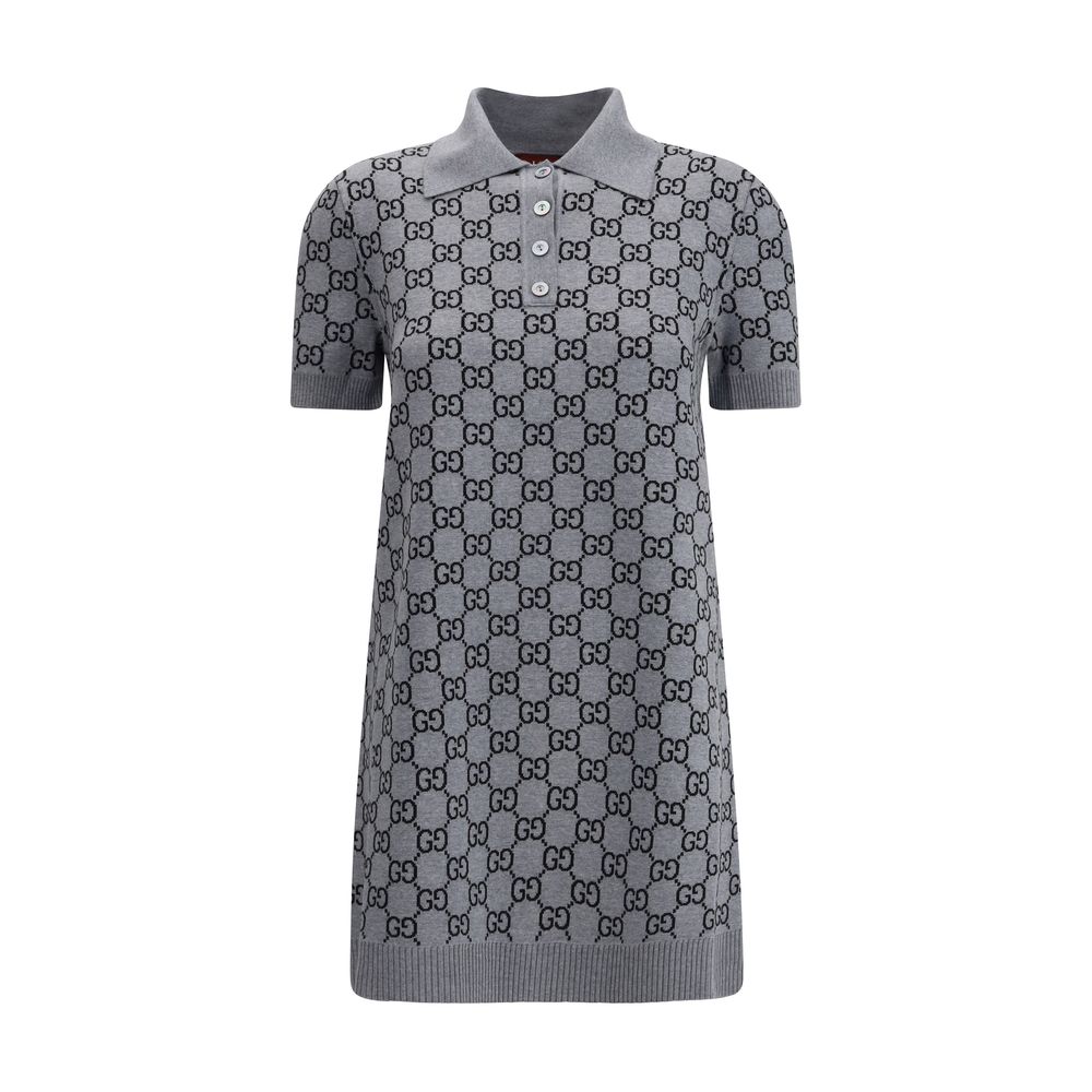 Gucci Gray Wool Casual Dress with GG Supreme pattern and ribbed collar, perfect for a sporty and chic look.