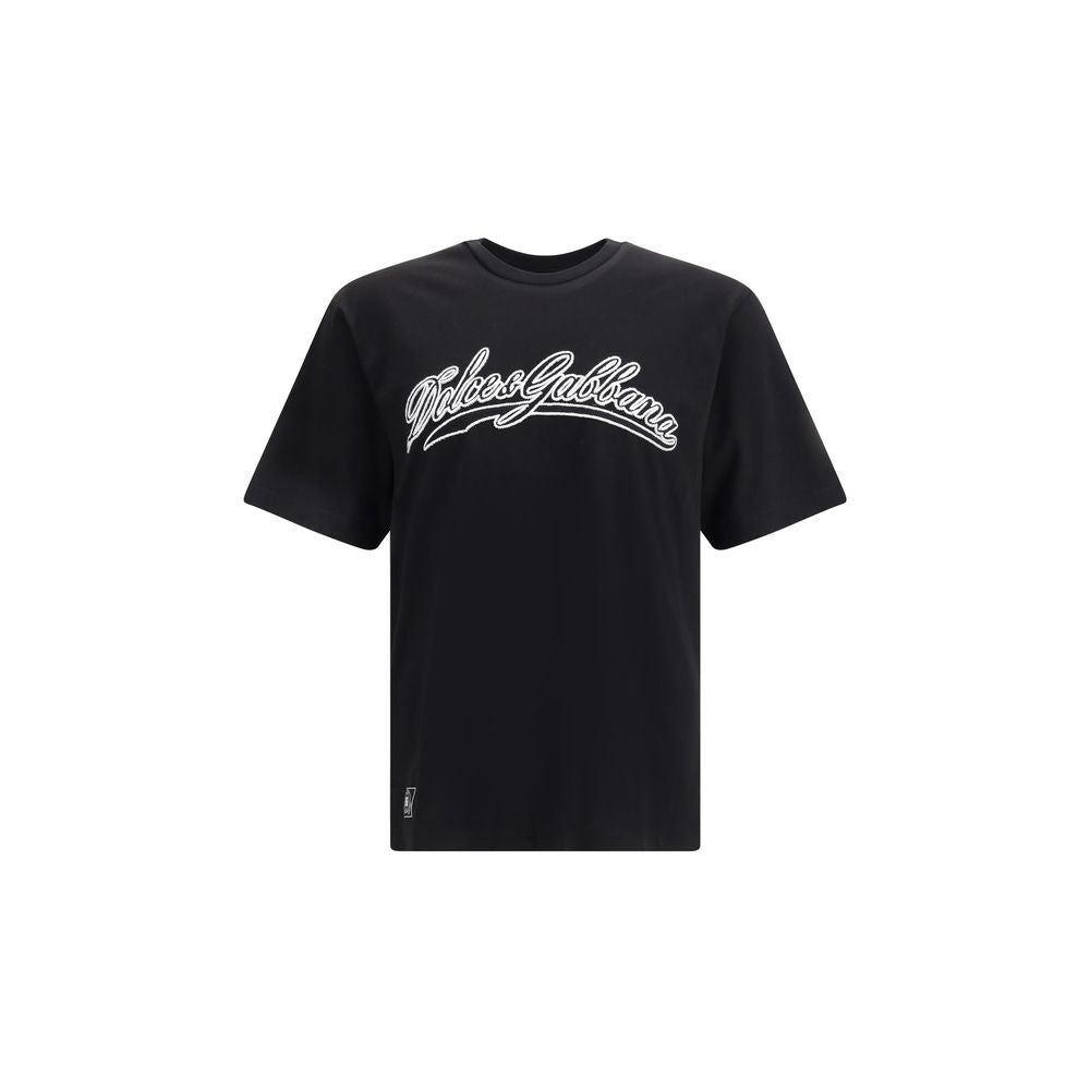 Dolce & Gabbana Black Cotton T-Shirt with logo patch and ribbed crew neck for AW25 season.