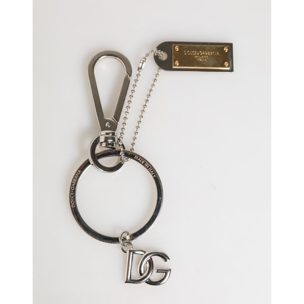 Dolce & Gabbana Silver DG Logo Key Holder Keychain Bag Charm Keyring featuring silver-tone chain and distinctive logo charms.