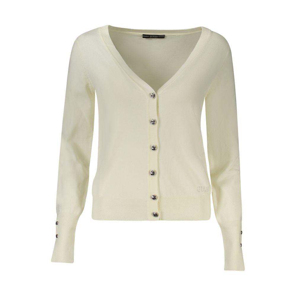 Alt Tag: Guess Jeans White Viscose Women Sweater with rhinestone appliques, V-neck, button-down front, chic and luxurious design