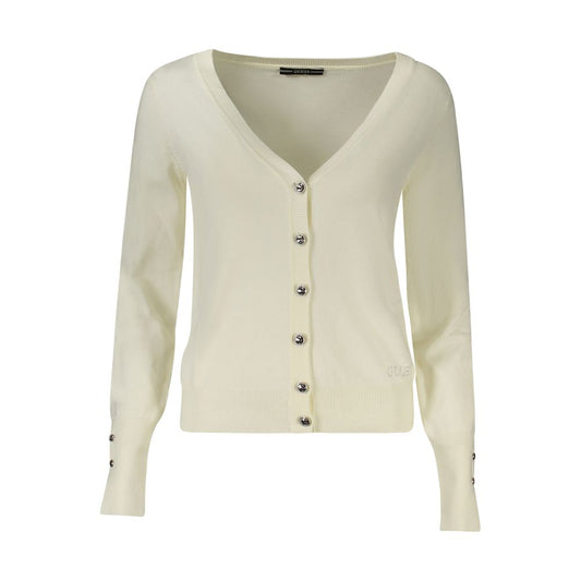Alt Tag: Guess Jeans White Viscose Women Sweater with rhinestone appliques, V-neck, button-down front, chic and luxurious design