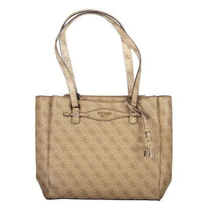 Guess Jeans Beige Polyethylene Women Handbag with patterned exterior and dual handles, featuring external pockets and secure closures.