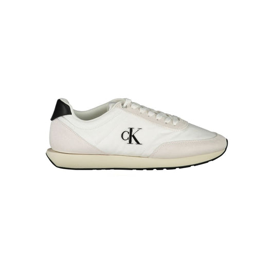 Calvin Klein White Polyester Men Sneaker with black accents and logo embroidery, eco-friendly with 50% recycled polyester design.