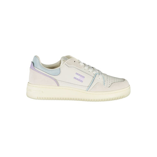 Tommy Hilfiger White Leather Women Sneaker with blue contrast details and removable footbed for customizable comfort.
