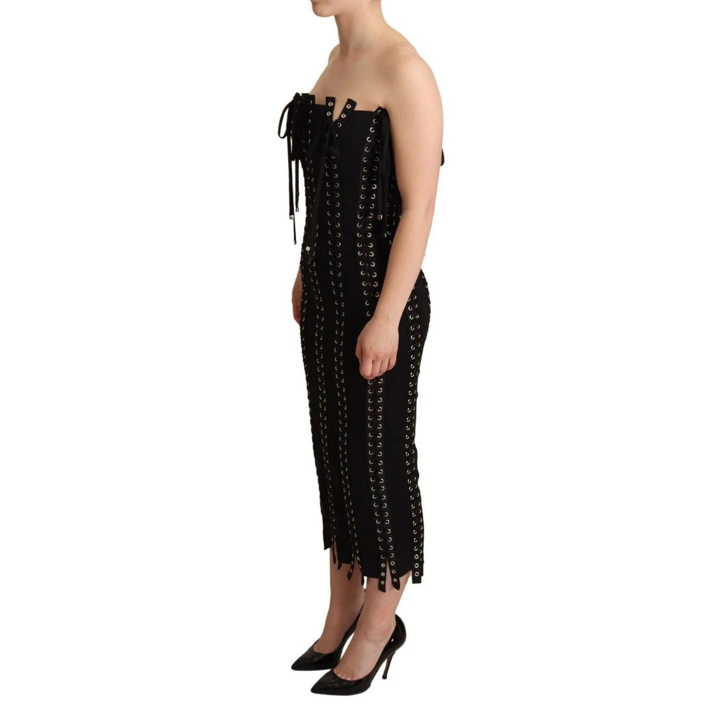 Dolce & Gabbana Black Cady Sleeveless Lace Up Bodycon Dress