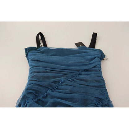 Dolce & Gabbana Blue Mesh Trim Ruched Tulle Sheath Dress