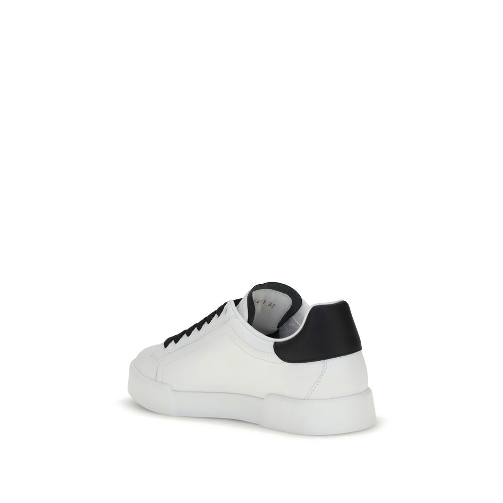 Side view of Dolce & Gabbana White Calf Leather Bos Taurus Low Top Sneakers with multicolored detail and cushioned EVA sole.