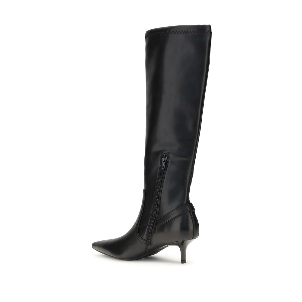 PINKO Black Goatskin Ankle Boots with smooth leather, rounded toes, and high heels, featuring zippers and metal loop straps.