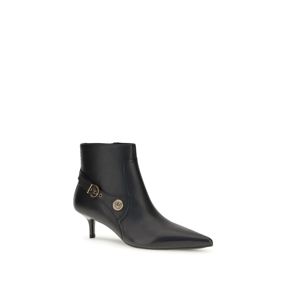 PINKO Black Calf Leather Bos Taurus Ankle Boots with almond toe, side zipper, and logo buckle.