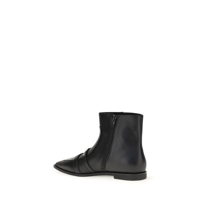 PINKO Black Calf Leather Bos Taurus Ankle Boots with studs viewed from the side showcasing almond toe and zipper detail.