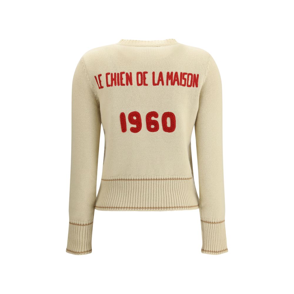 Valentino Cream Fleece Wool Sweatshirt with Le Chien de la Maison embroidery, 1960 design on back, crew neck, ribbed trim, AW25.