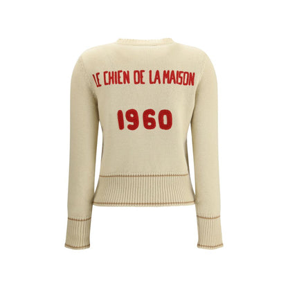 Valentino Cream Fleece Wool Sweatshirt with Le Chien de la Maison embroidery, 1960 design on back, crew neck, ribbed trim, AW25.