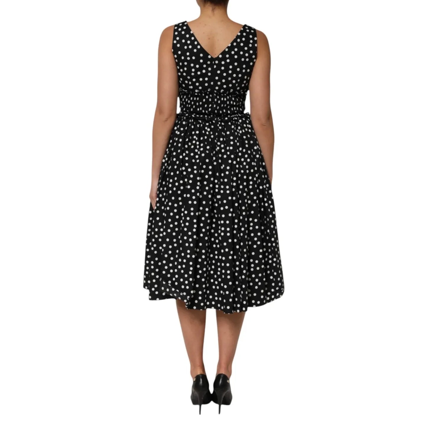 Dolce & Gabbana Black White Cotton Polka Dot Print V Neck Dress