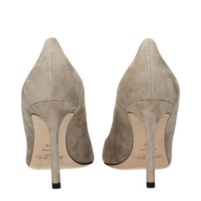 Back view of Jimmy Choo Gray Leather High Heel Pumps in suede, showcasing the elegant stiletto design and quality craftsmanship.