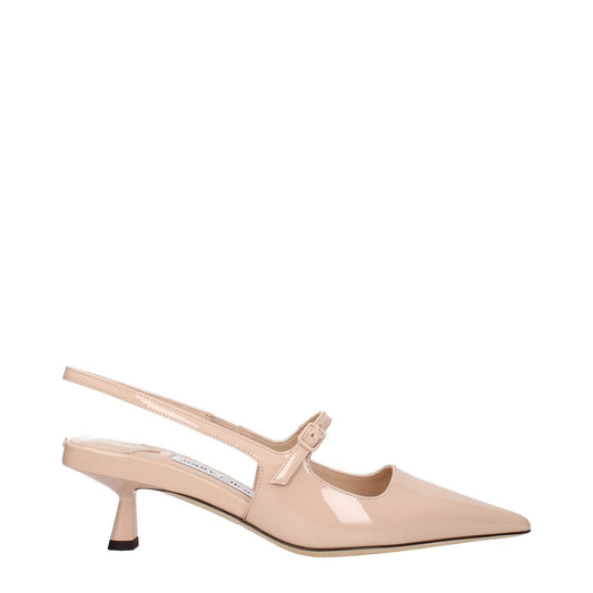 Jimmy Choo Pink Leather Mid Heel Pumps, patent finish, side view with buckle strap and back logo detail.