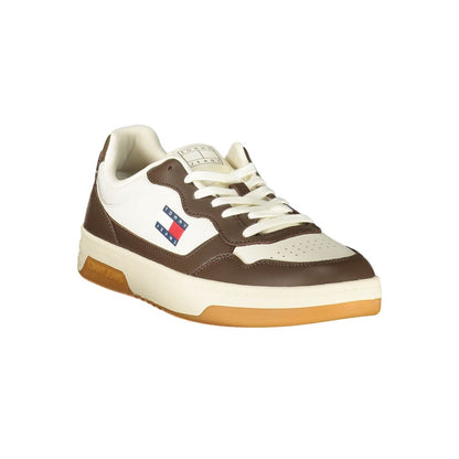 Tommy Hilfiger White Leather Men Sneaker with brown accents and logo, featuring a removable footbed for comfort and trendy style