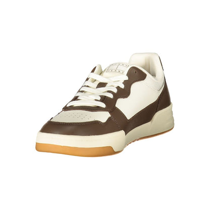 Tommy Hilfiger White Leather Men Sneaker with contrasting brown details and iconic logo, featuring a modern design for style and function