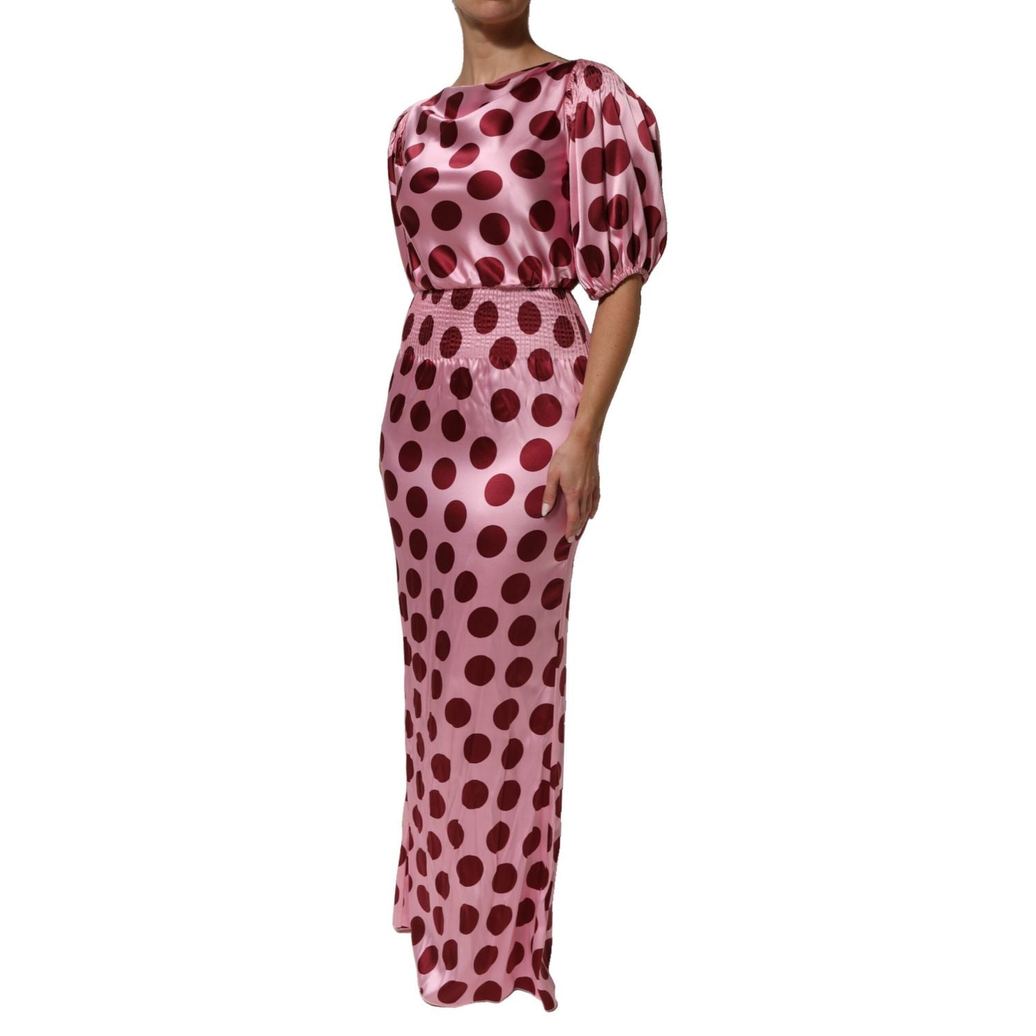 Dolce & Gabbana Pink Red Polka Dot Silk Satin Maxi Gown Dress