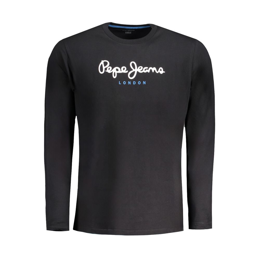 Pepe Jeans Black Cotton T-Shirt, long sleeve, crew neck, with logo print, made from 100% sustainable cotton