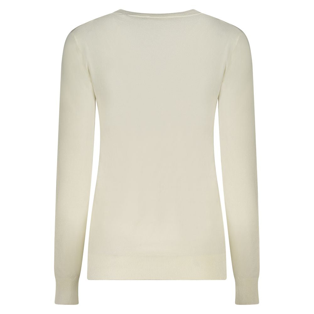 Back view of Guess Jeans White Viscose Women Sweater highlighting long sleeves and ribbed hem, showcasing elegant design.