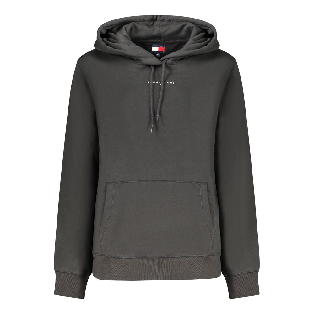 Tommy Hilfiger Black Cotton Women Sweater with hood and central pocket, featuring bold print and iconic logo on front.