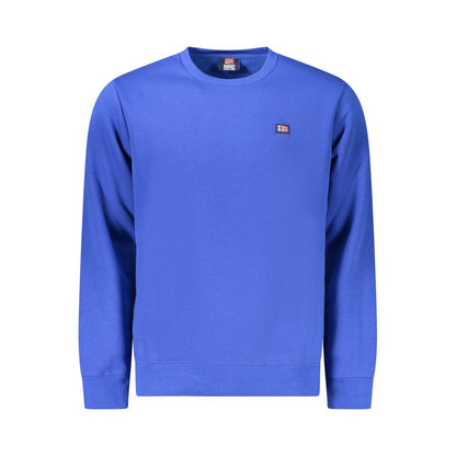 Norway 1963 Blue Cotton Mens Sweater with applique logo, long sleeves, crew neck, blending cotton and polyester materials for modern style.