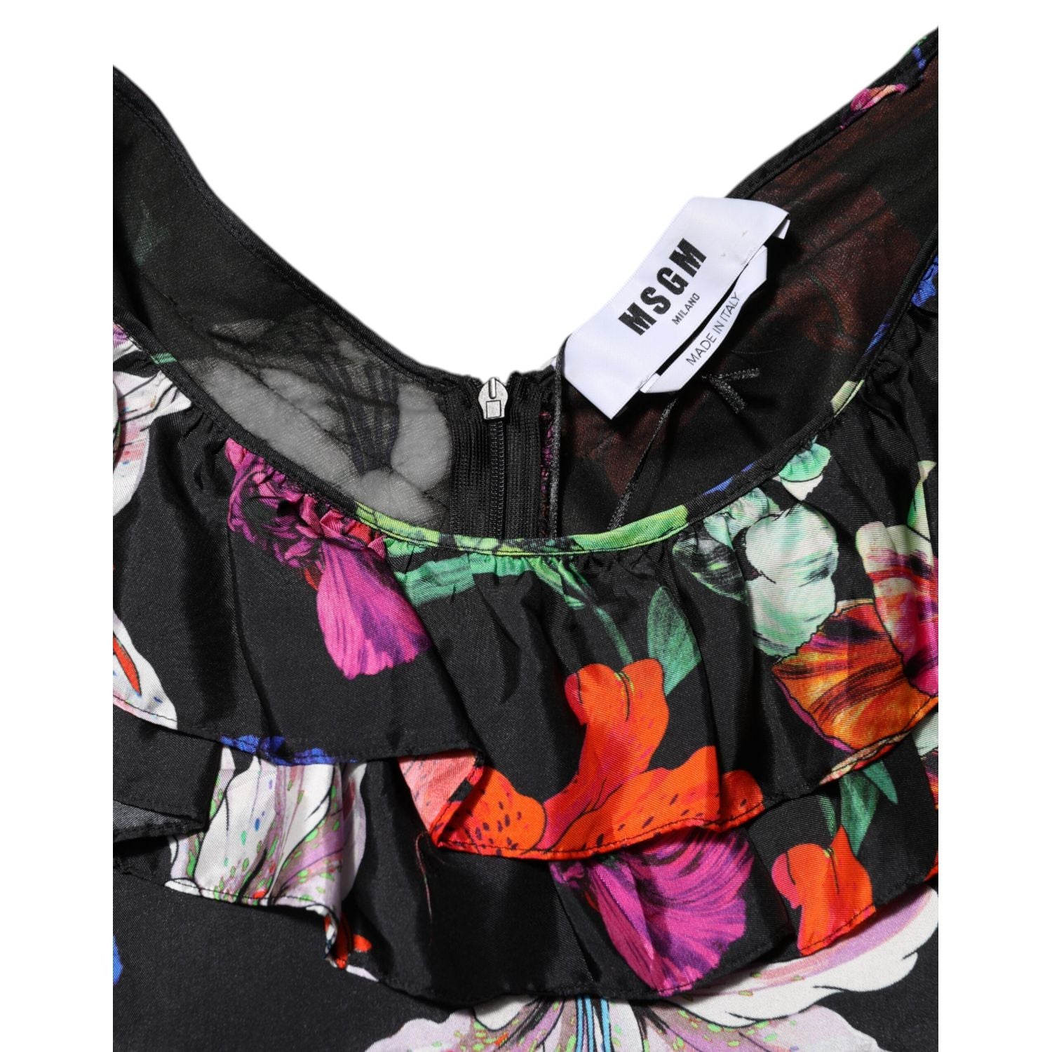 MSGM Dress Black Multicolor Floral Ruffle Long Sleeve Mini Dress