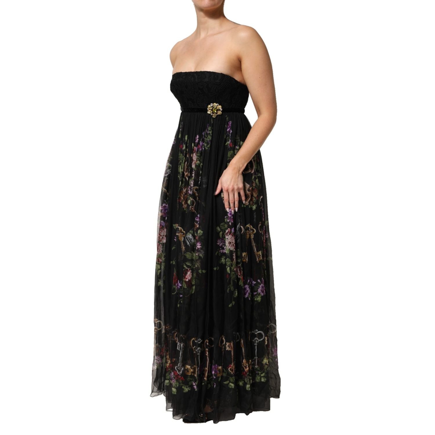 Dolce & Gabbana Black Floral Key Print Crystal Strapless Dress
