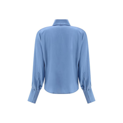 Back view of Crida Milano Light Blue Silk Shirt with smooth luminous texture, high collar, button cuffs, and minimalist elegance