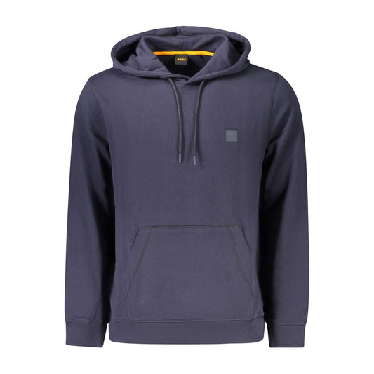 Hugo Boss Blue Cotton Men Sweater with hood, central pocket, and iconic logo embroidery, perfect for casual wear.