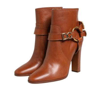 Dolce & Gabbana Brown Leather DG Logo Buckle Ankle Boots Shoes