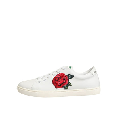 Dolce & Gabbana White Leather Rose Embroidery Low-Top Shoes