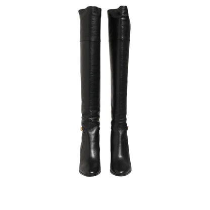 Dolce & Gabbana Black Leather Over-The-Knee DG Boots Shoes